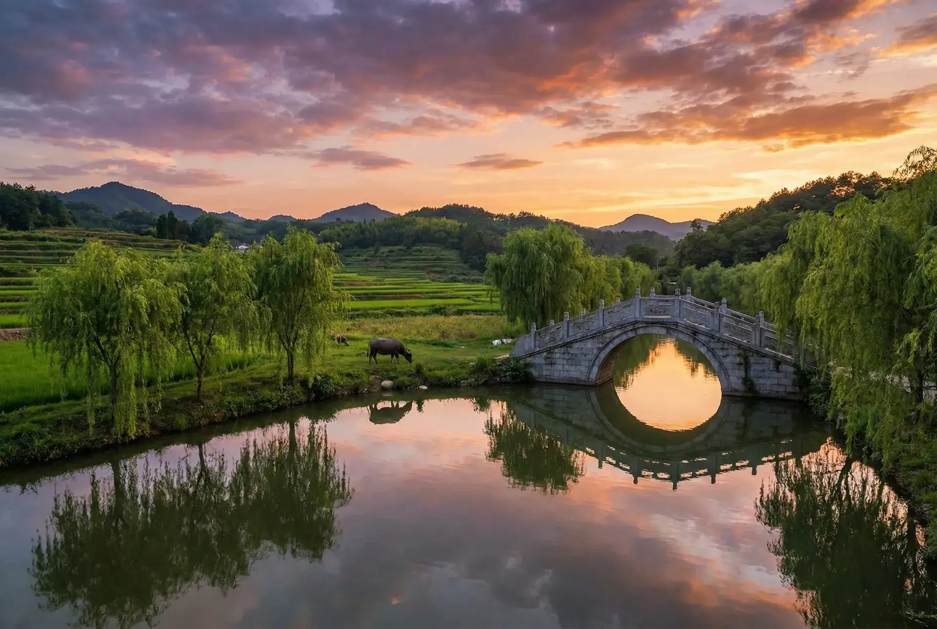 夕阳下的石拱桥与垂柳，水牛在河边吃草 - 阉割视频 乡村美景